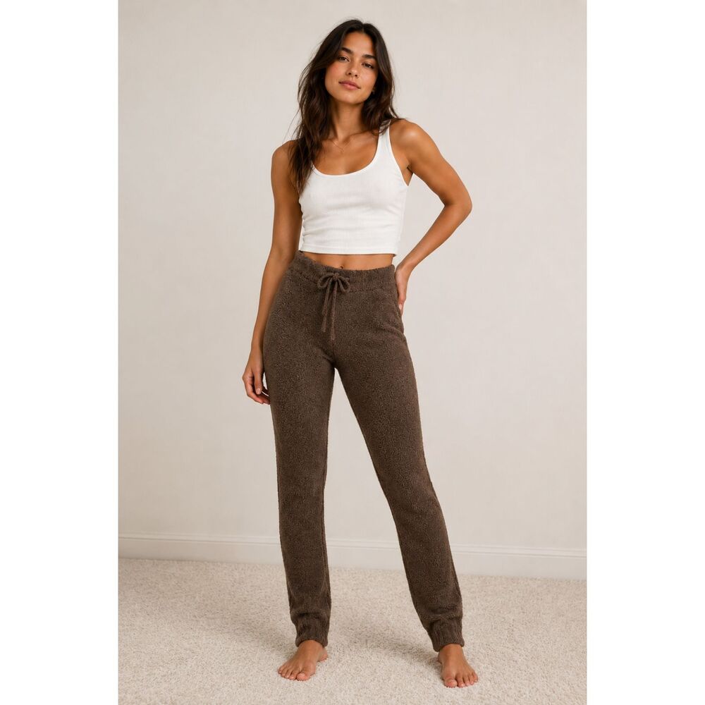 Skims Pull On Fleece Sherpa Teddy Jogger Pants Brown Cozy Loungewear high Waist
